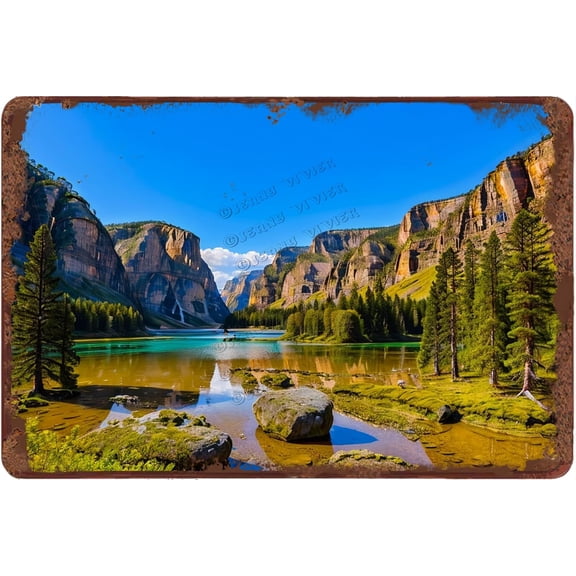 Mountain River Natural Landscape Retro Aluminum Sign 12x8 in Metal Tin Sign Nature Wall Decor Country Decor for Party for Cafes Club Pub Man Cave Garden Garage Wall Sign Gifts