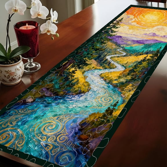 Mountain River Quilted Table Runner, Scenic Landscape Quilted Table Runner, Nature Art Patchwork Runner, Rustic Cabin Kitchen Table Decor