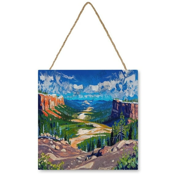 Mountain River Rustic Wood Hanging Sign Farmhouse Hanging Plaque, Nature Wall Decor, Housewarming Gift 12x12 inches