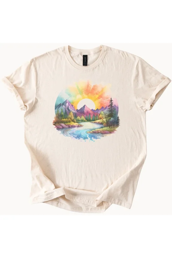 Mountain River Sunset Tee Watercolor Nature Shirt Graphic Top Unisex S-5XL Hot Trending Shirt, Vintage Birthday Gift