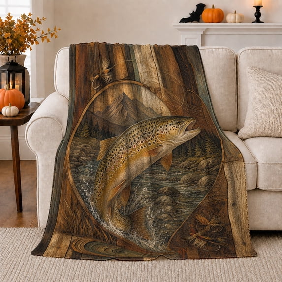 Mountain River Trout Leaping Rustic Wood Plank Texture, Peaceful Mountain Lake Scene, Warm Flannel Blanket for Cabin and Lodge, Outdoor Lovers Father's Day Gift, Artistic Home Decor