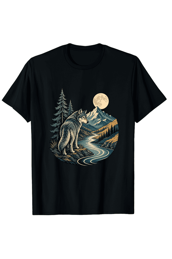 Mountain River Wolf Unisex Graphic T-Shirt, Full Moon Pine Forest Design, Cotton Crew Neck
