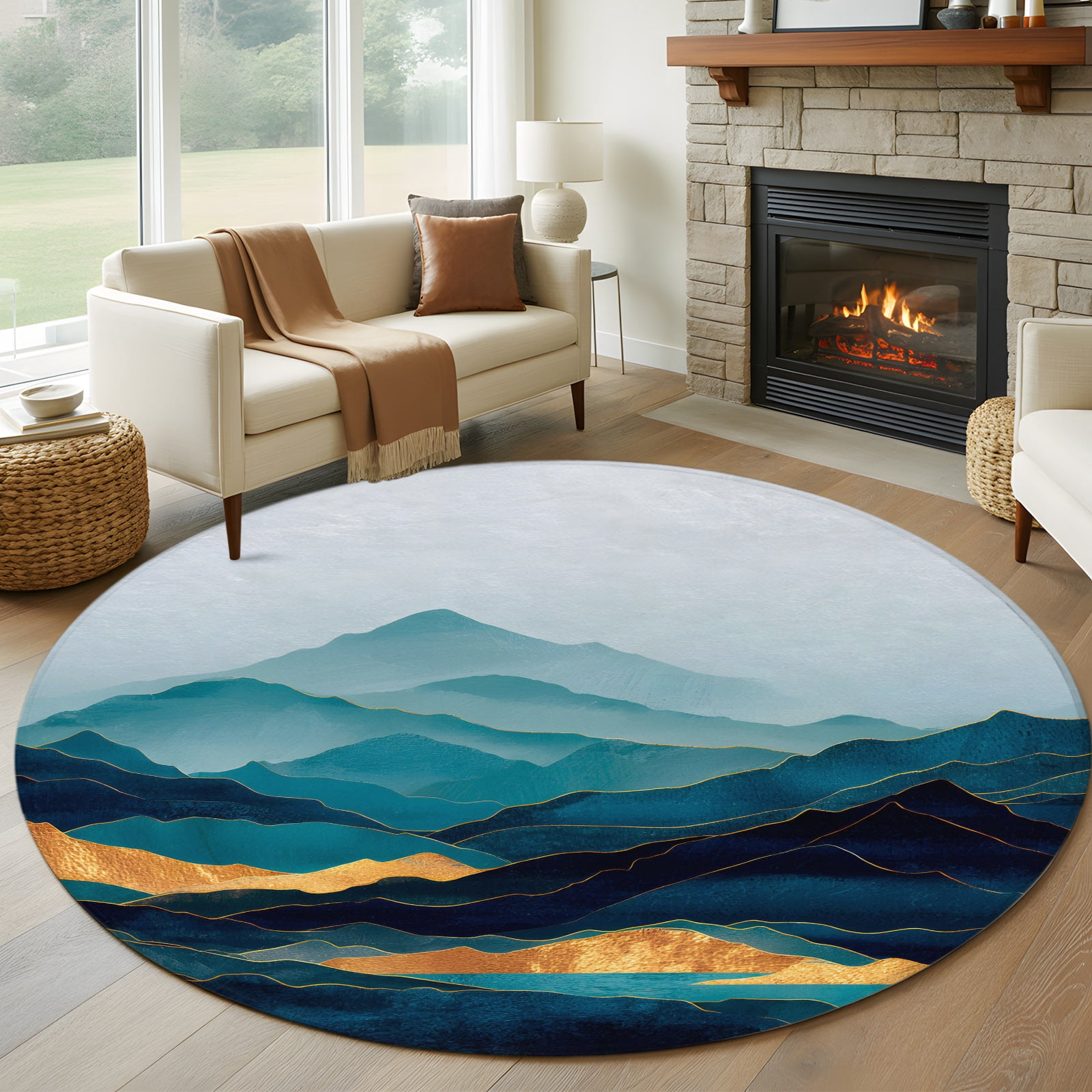 Mountain Round Area Rug 5ft Golden River Nature Peak Modern Abstract ...