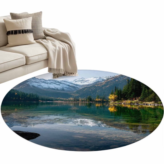 Mountain Round Rug 3ft Washable Circle Entryway Rugs Non Slip Nature Green Forest Lake Country Area Rug Indoor Floor Carpet for Bedroom Kitchen Living Room Home Office Dining Room Nursery