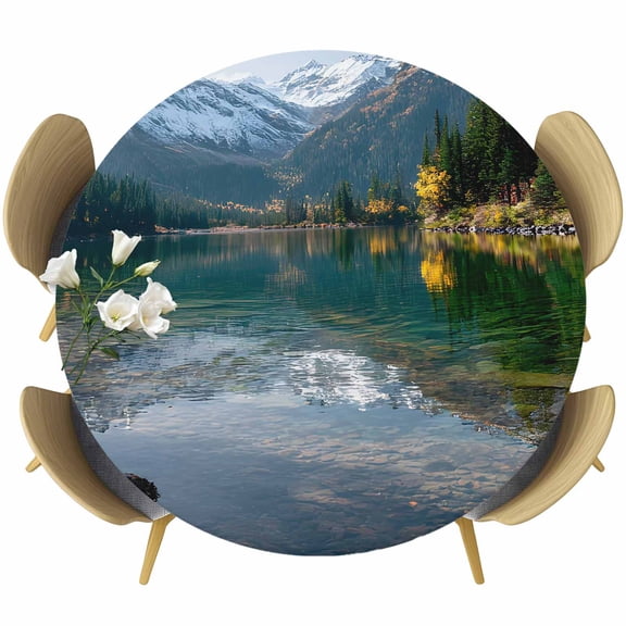 Mountain Round Tablecloth 36-44 Inch Round Fitted Table Cloth with Elastic Edge, Nature Green Forest Lake Country Waterproof Table Cover Protector for Outdoor Picnic Party Dining
