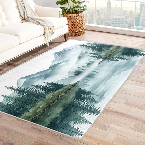 Mountain Rugs for Living Room, Natural Landscape Forest Lake Pattern Design Area Rug, Mountain Bedroom Decor Carpet, Non Slip, Washable-5' x 8'