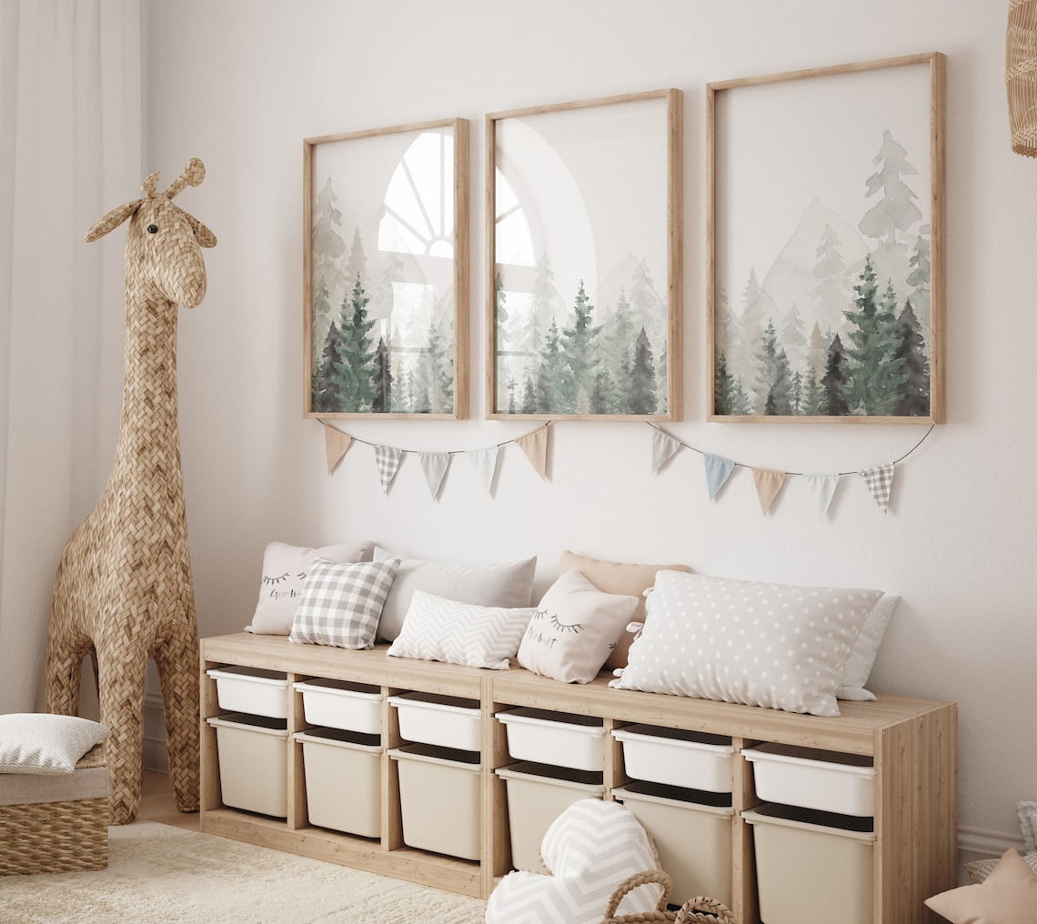 Mountain Sage Green Forest Nursery Wall Art Print, Woodland Animals ...