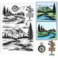 thumbnail image 1 of Mountain Scene Clear Stamp Forest Huts Silicone Stamp Transparent Rubber Stamp Compass Rivers Direction Signs for Card Making Paper Crafting Photo Albums Holiday Cards Scrapbooking DIY, 1 of 7