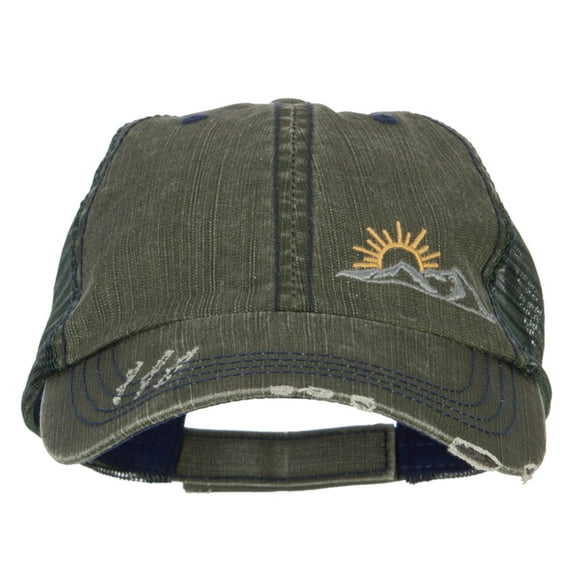 Mountain Scene Embroidered Cotton Mesh Cap - Green OSFM