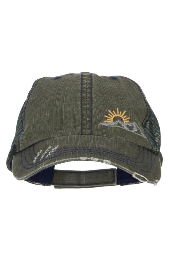 Mountain Scene Embroidered Cotton Mesh Cap - Green OSFM