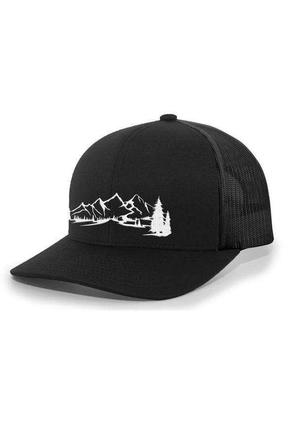 Mountain Scene Outdoors Forest Embroidered Mesh Back Trucker Hat, Black/Black