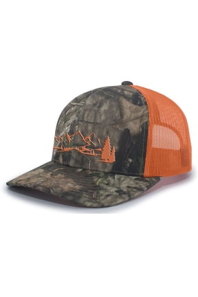 Mountain Scene Outdoors Forest Embroidered Mesh Back Trucker Hat, Camo/Orange