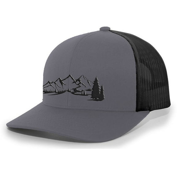 Mountain Scene Outdoors Forest Embroidered Mesh Back Trucker Hat, Charcoal/Black