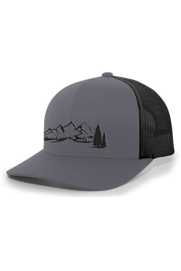 Mountain Scene Outdoors Forest Embroidered Mesh Back Trucker Hat, Charcoal/Black
