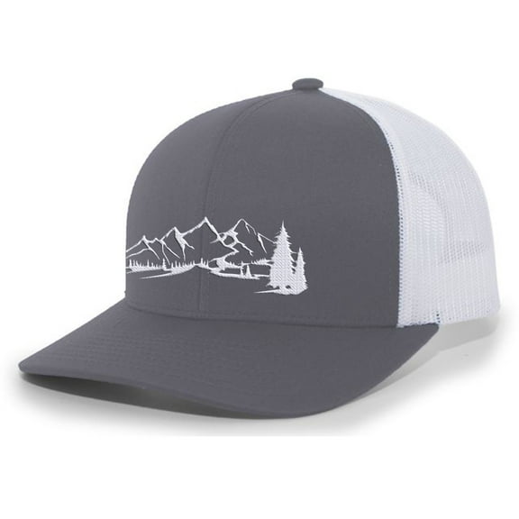 Mountain Scene Outdoors Forest Embroidered Mesh Back Trucker Hat, Charcoal/White