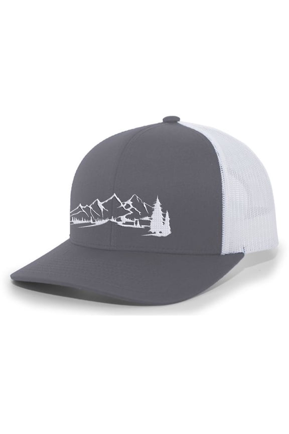 Mountain Scene Outdoors Forest Embroidered Mesh Back Trucker Hat, Charcoal/White