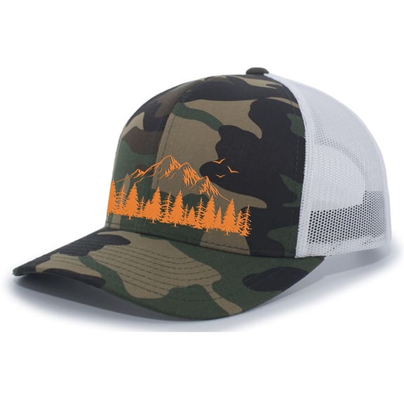 Mountain Scene Tamarak Pine Forest Embroidered Mesh Back Trucker Hat, Army/White