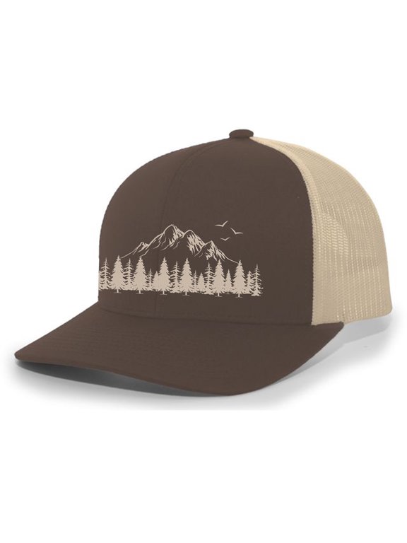Mountain Scene Tamarak Pine Forest Embroidered Mesh Back Trucker Hat, Brown/Khaki