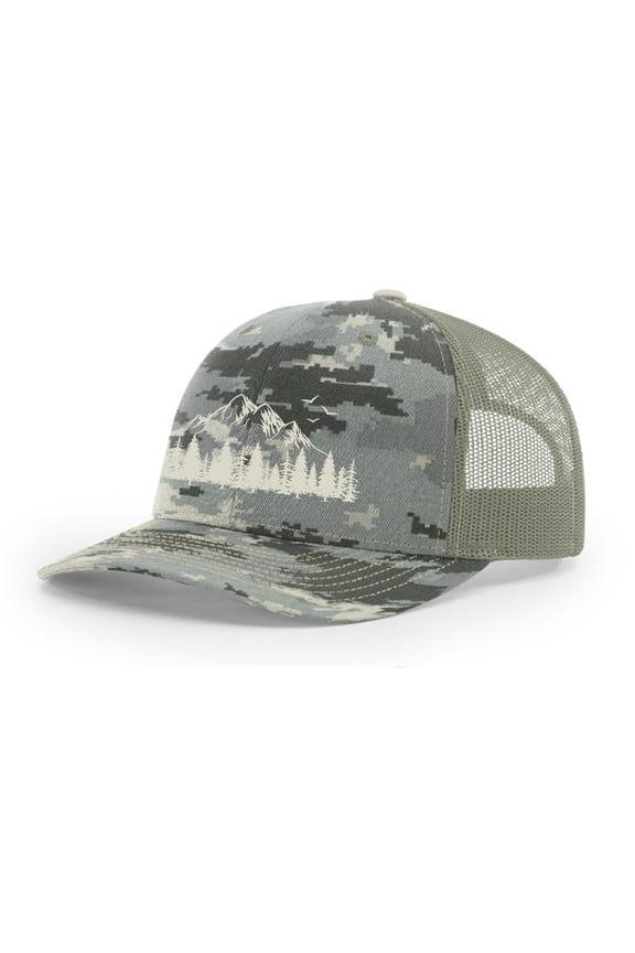 Mountain Scene Tamarak Pine Forest Embroidered Mesh Back Trucker Hat, Digi Camo/Light Green