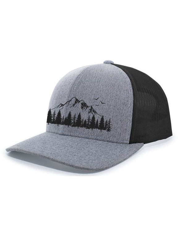 Mountain Scene Tamarak Pine Forest Embroidered Mesh Back Trucker Hat, Heather Grey/Black