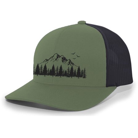 Mountain Scene Tamarak Pine Forest Embroidered Mesh Back Trucker Hat, Loden/Black