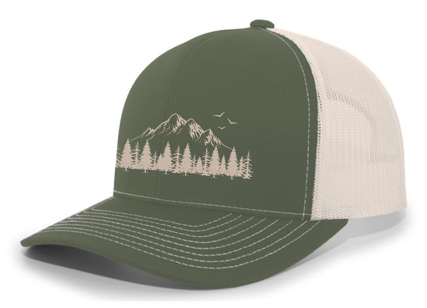 Mountain Scene Tamarak Pine Forest Embroidered Mesh Back Trucker Hat,  Moss/Beige 
