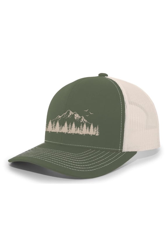 Mountain Scene Tamarak Pine Forest Embroidered Mesh Back Trucker Hat, Moss/Beige