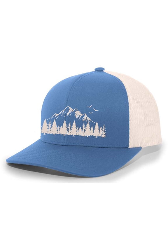 Mountain Scene Tamarak Pine Forest Embroidered Mesh Back Trucker Hat, Ocean Blue/Beige