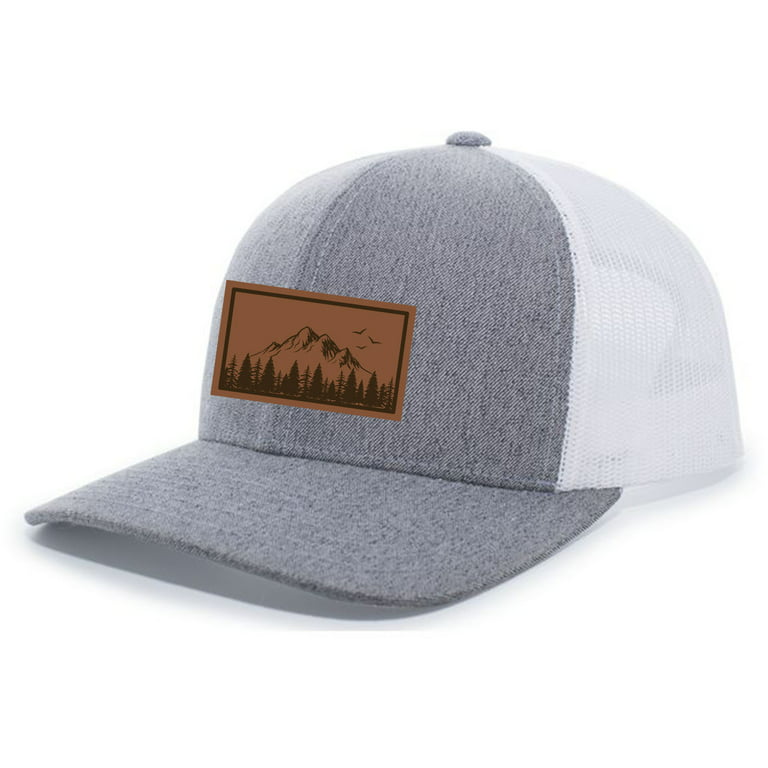 Mountain Scene Tamarak Pine Forest Laser Engraved Leather Patch Mesh Back Trucker  Hat, Heather Grey/White 