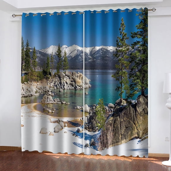 Mountain Scenery Grommet Thermal Insulated Window Curtain, Rocky Lake Bedroom Blackout Curtains Soft Window Curtain For Nursery Elegant Home Decoration 52"W x 96"L (Pack of 2)