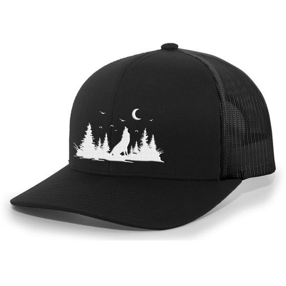 Mountain Scenery Howling Wolf Outdoors Forest Embroidered Mesh Back Trucker Hat, Black/Black