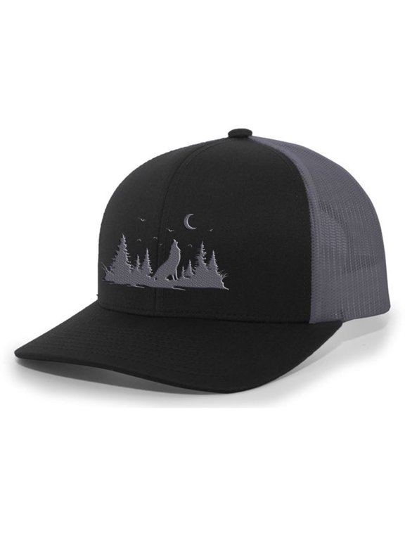 Mountain Scenery Howling Wolf Outdoors Forest Embroidered Mesh Back Trucker Hat, Black/Charcoal