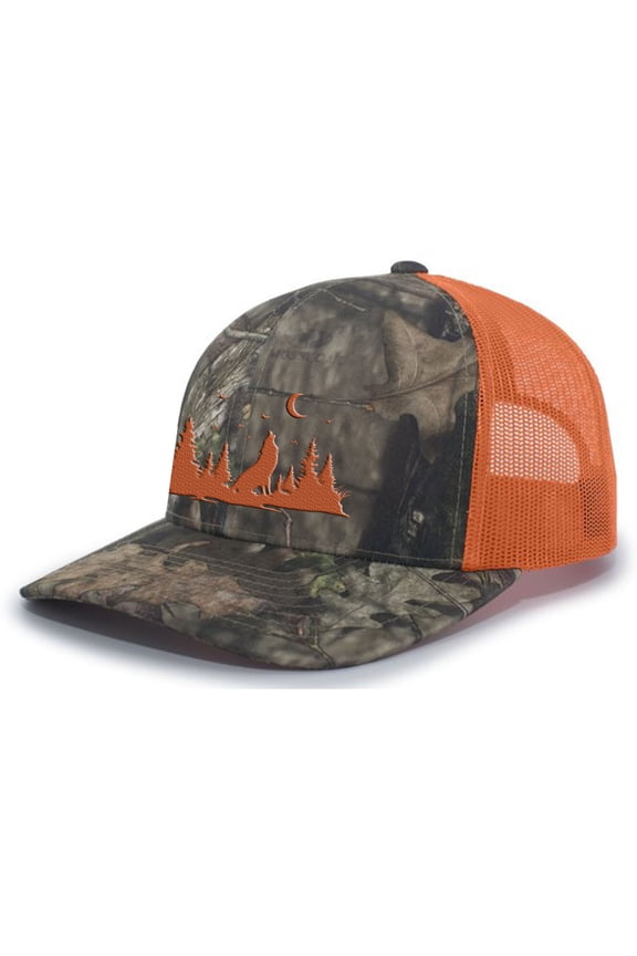 Mountain Scenery Howling Wolf Outdoors Forest Embroidered Mesh Back Trucker Hat, Camo/Orange