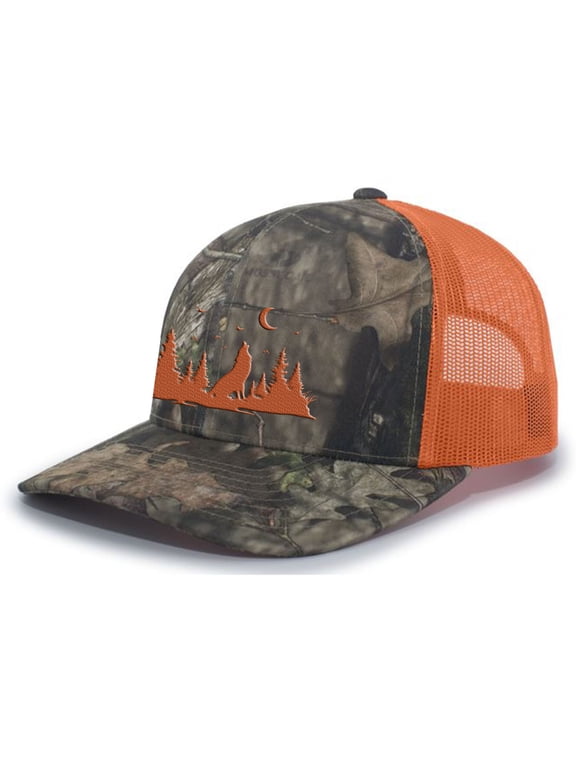Mountain Scenery Howling Wolf Outdoors Forest Embroidered Mesh Back Trucker Hat, Camo/Orange