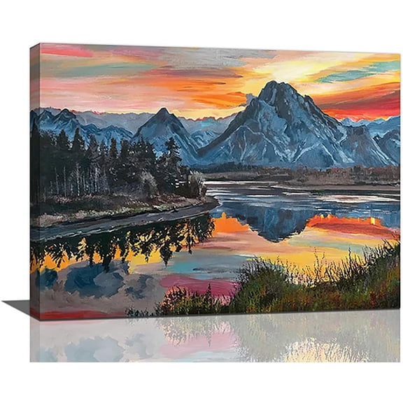 Mountain Scenery Pictures Wall Art Lake Nature Wall Decor Mountain Lake Pictures Canvas Painting Framed Artwork for Living Room Bathroom Bedroom 16"x12"
