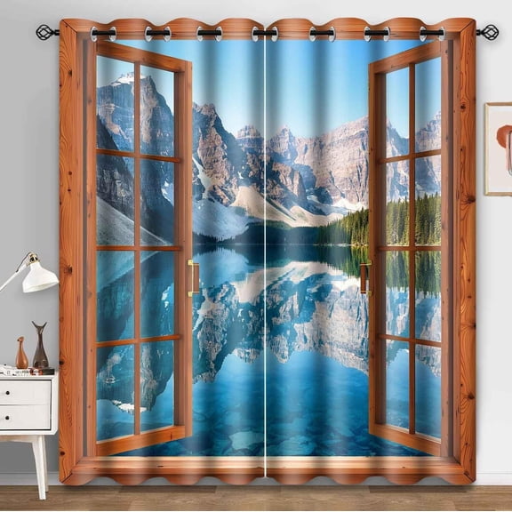 Mountain Scenic Blackout Curtains Lake Forest Sky Seen From A Window Print Drapes Nature Landscape Window Curtain Panels For Bedroom Living Room Decor 52"W x 63"L (Pack of 2)