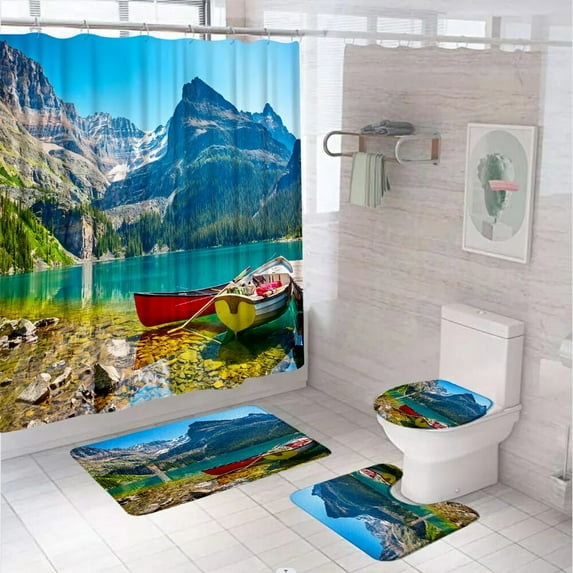 Mountain Scenic Shower Curtain Set For Bathroom Decor Nature Blue Lake Landscape Screen Anti-Slip Rug Bath Mat Lid Toilet Cover