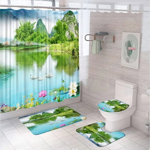 Mountain Scenic Shower Curtain Set For Bathroom Decor Nature Blue Lake Landscape Screen Anti-Slip Rug Bath Mat Lid Toilet Cover