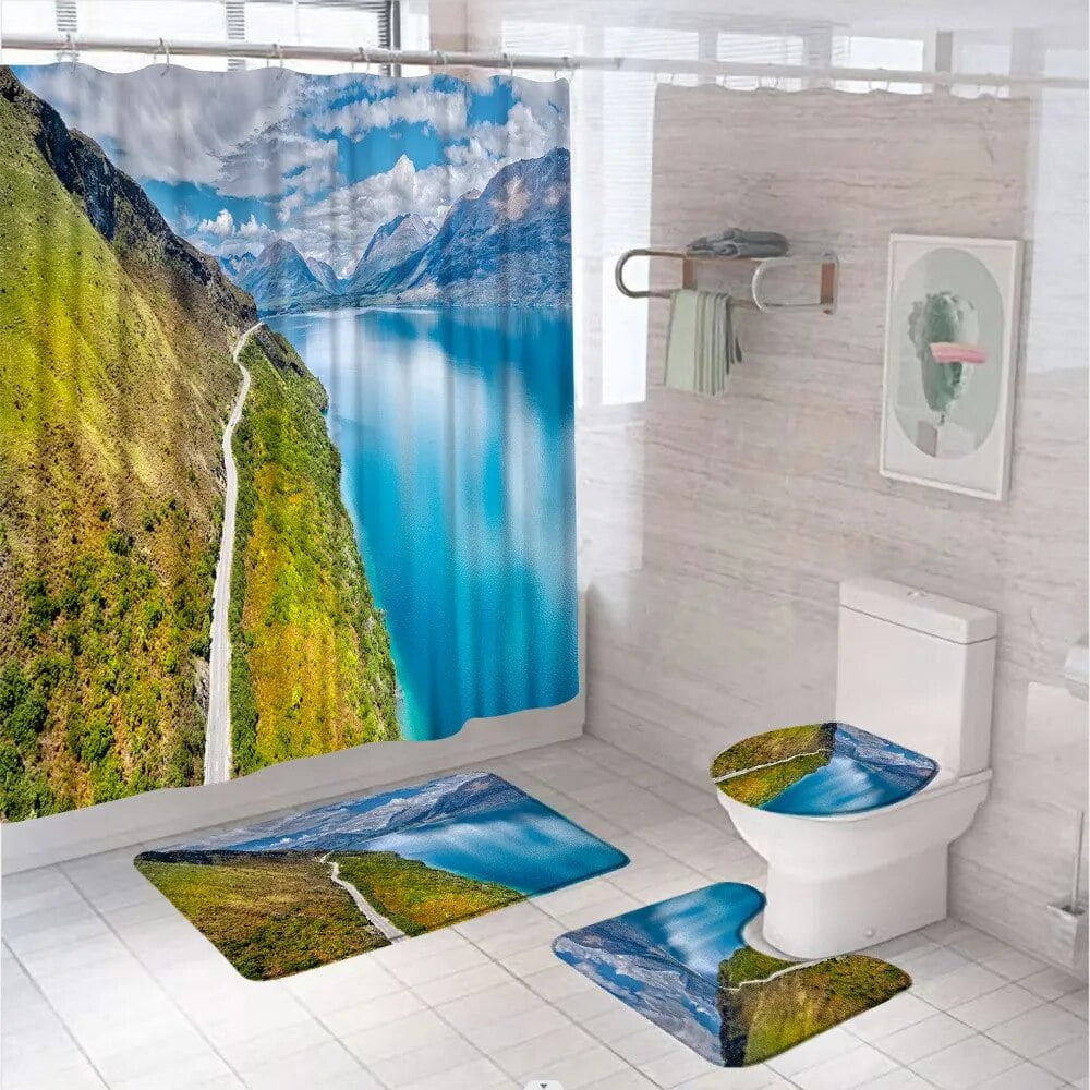 Mountain Scenic Shower Curtain Set Natural Landscape Wooden Bridge Blue ...