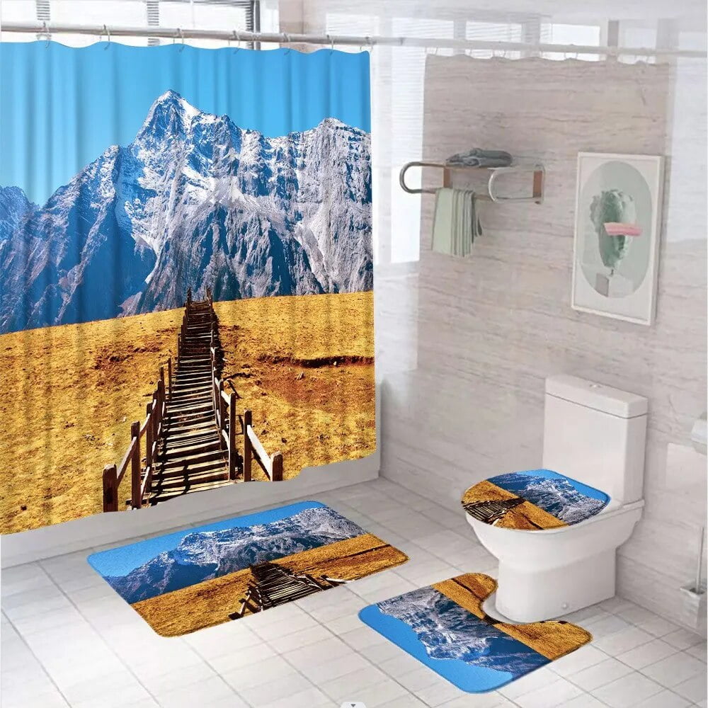 Mountain Scenic Shower Curtain Set Natural Landscape Wooden Bridge Blue ...