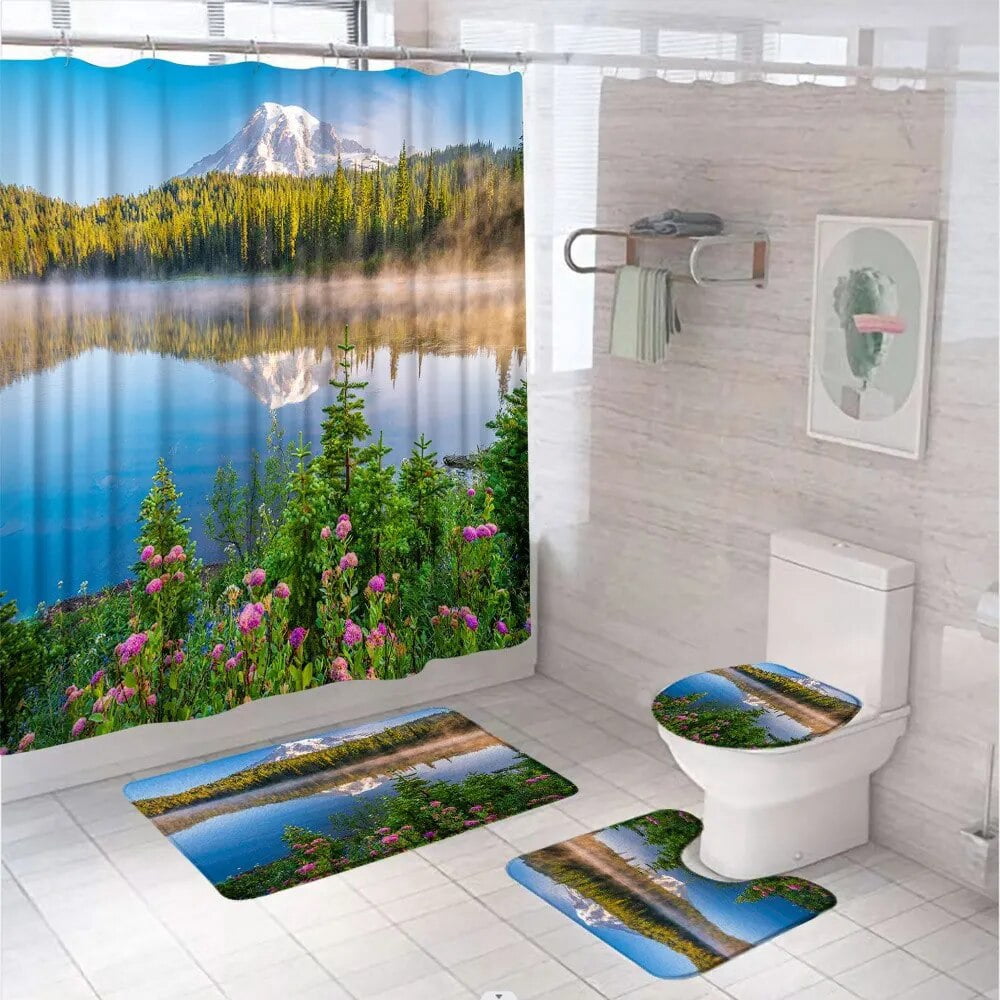 Mountain Scenic Shower Curtain Set Natural Landscape Wooden Bridge Blue ...
