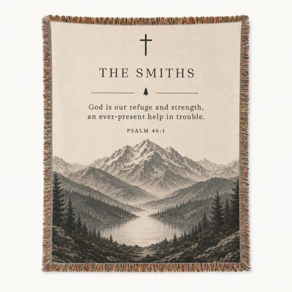 Mountain Scripture Woven Cotton Throw Blanket with Fringe, Faith Home Decor