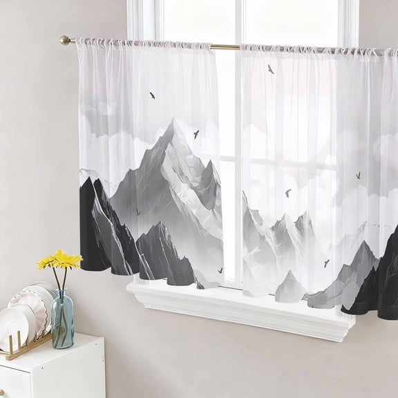 Mountain Semi Sheer Curtains 45 Inch Length 2 Panels Set, Eagle Sky Cloud Black and White Landscape Sheer Kitchen Curtain Privacy Voile Window Curtain for Living Room Bedroom Rod Pocket Drapes