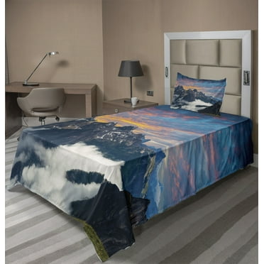 Mountain Sheet Set, Alpine Scenery Foggy Italian Natural Park Vivid Sky Above Clouds Photography, Fitted and Flat Sheet Pillowcase Bedding Accent 3 Piece Set, Twin XL, Black White Blue, by Ambesonne