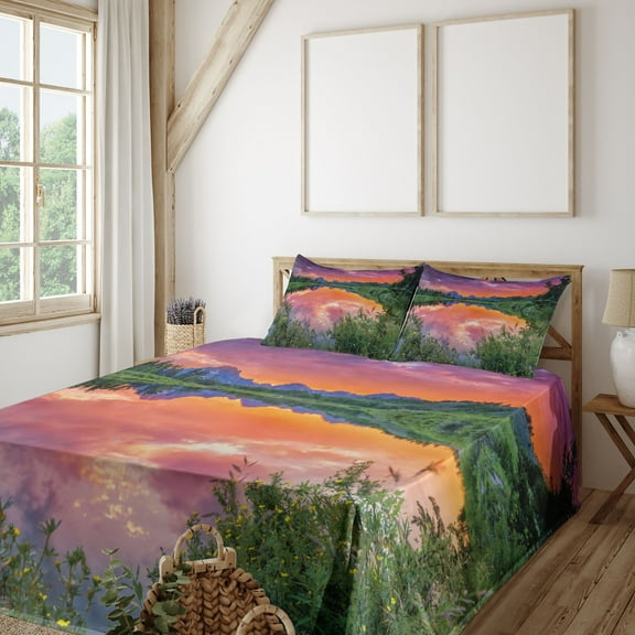 Ambesonne Nature Fitted & Top Sheet Set with Shams, Sunset Reflection River, Orange Green Purple