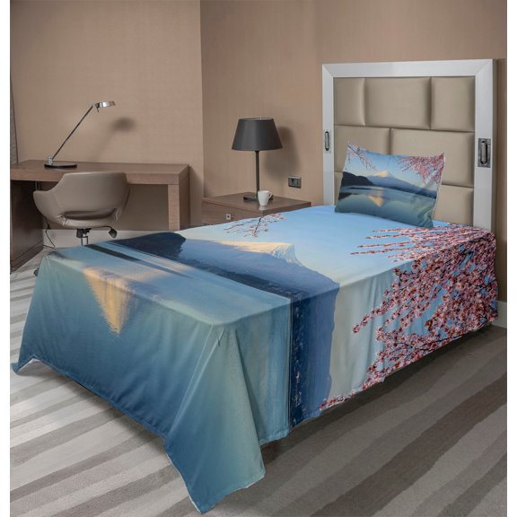 Ambesonne Mountain Fitted & Top Sheet Set with Sham, Japan Mountain and Sakura, Multicolor
