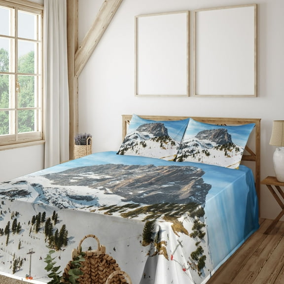 Ambesonne Nature Fitted & Top Sheet Set with Shams, Mediterranean Snowy Peak, Brown Blue White