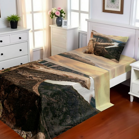 Ambesonne Mountain Fitted & Top Sheet Set with Sham, River Canyon Norway, Brown Green