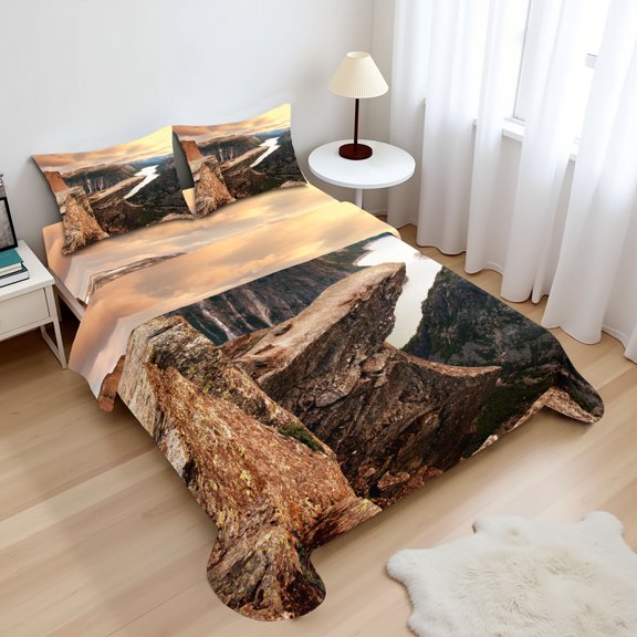 Ambesonne Mountain Fitted & Top Sheet Set with Shams, River Canyon Norway, Brown Green