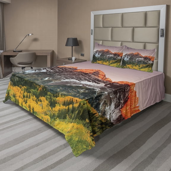 Mountain Sheet Set, Scenic Western American Mountains on Valley with Snowy Peaks at Sunset Landscape, Fitted and Flat Sheet with Pillowcases Bedding Accent 4 Piece Set, Full, Multicolor, by Ambesonne